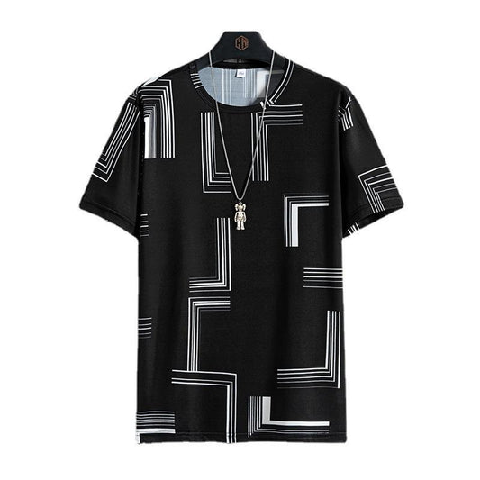 Men Ice Silk T-shirts Summer O-neck Short Sleeves Casual Shirts Oversized Geometric Graphic Print Tees Soft Breathable Cool Tops