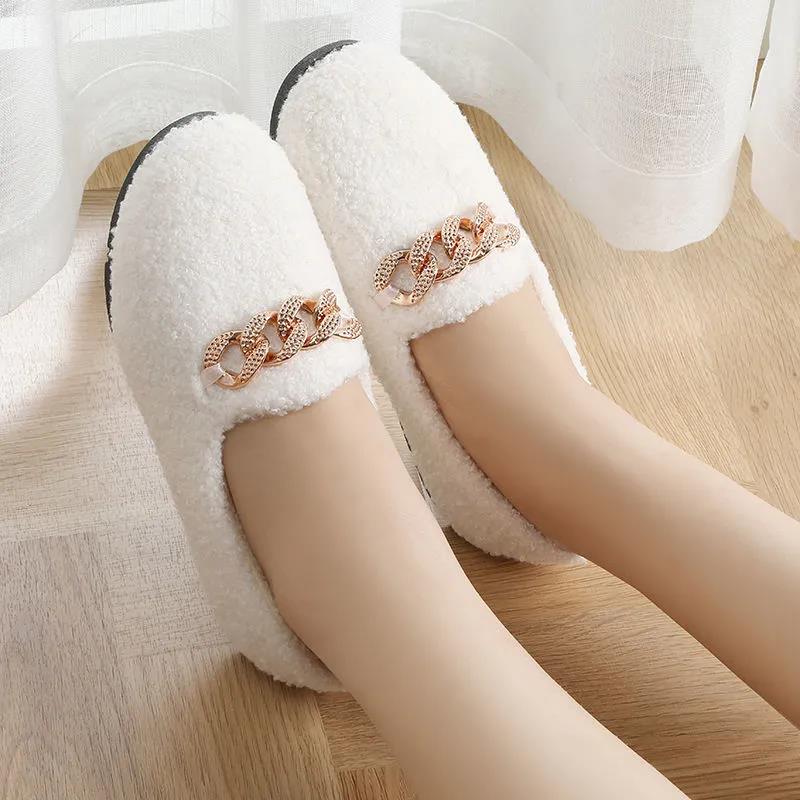 Winter Warm Cotton Slippers Ladies Indoor Thick-soled Non-slip Warm-keeping Bag-heeled Cotton Shoes Soft Bottom Hairy Confinement Peas Shoes