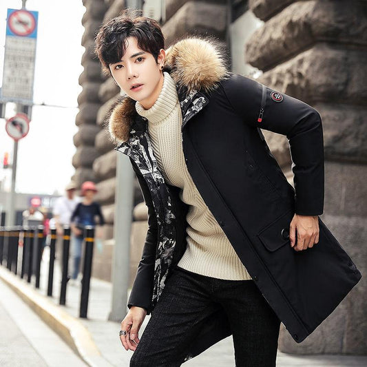 Extra Large Size Men's Cotton-padded Winter Warm Parka Coat Mid-length Thick Fur Collar Coat