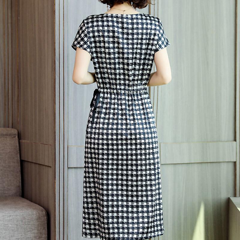 Fashion Women O-Neck Short Sleeve Houndstooth Patchwork Print Work Casual Dress Spring Summer