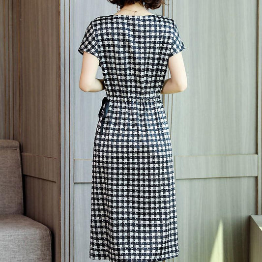 Fashion Women O-Neck Short Sleeve Houndstooth Patchwork Print Work Casual Dress Spring Summer
