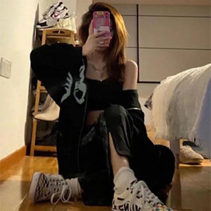 Women's Oversize Hooded Sweater Spring and Autumn Thin Section High Street Casual Cardigan Coat Girls Personality Butterfly Print Jacket