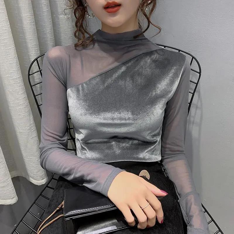 Ladies Sexy Elegant Mesh Women Long Sleeve O Neck Solid Lace Up Slim Skinny Party Pullover