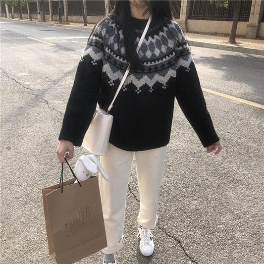 Autumn Winter Turtleneck Sweater Women Nordic Style Rhombic Grid Loose Thick Pullover Sweater Students All-match Bottoming Outer Wear Sweater
