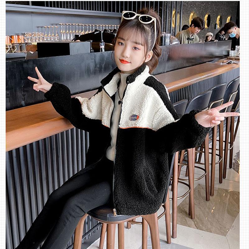 Girls' Jacket Autumn and Winter Clothes Korean Style Quilted Thick Warm Windproof Wool Sweater Top