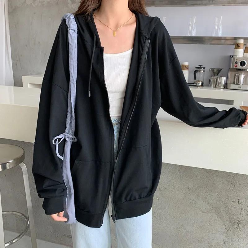 Women's Zipper Hooded Sweater Spring and Autumn Korean Version of The College Style Loose Solid Color Long-sleeved Cardigan Jacket