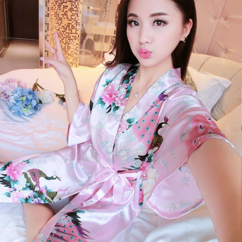 Women Sexy Silk Satin Knee Length Robe Bathrobe Peacock Floral Print Kimono Pajamas Cardigan