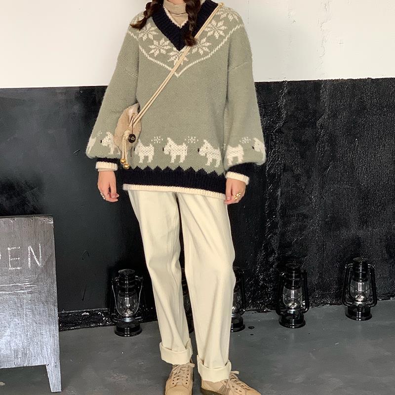 Autumn Winter Women Fashion Sweater Casual Knitting Sweater Jacquard V-neck Pullovers Loose Casual Long Sleeve Sweater