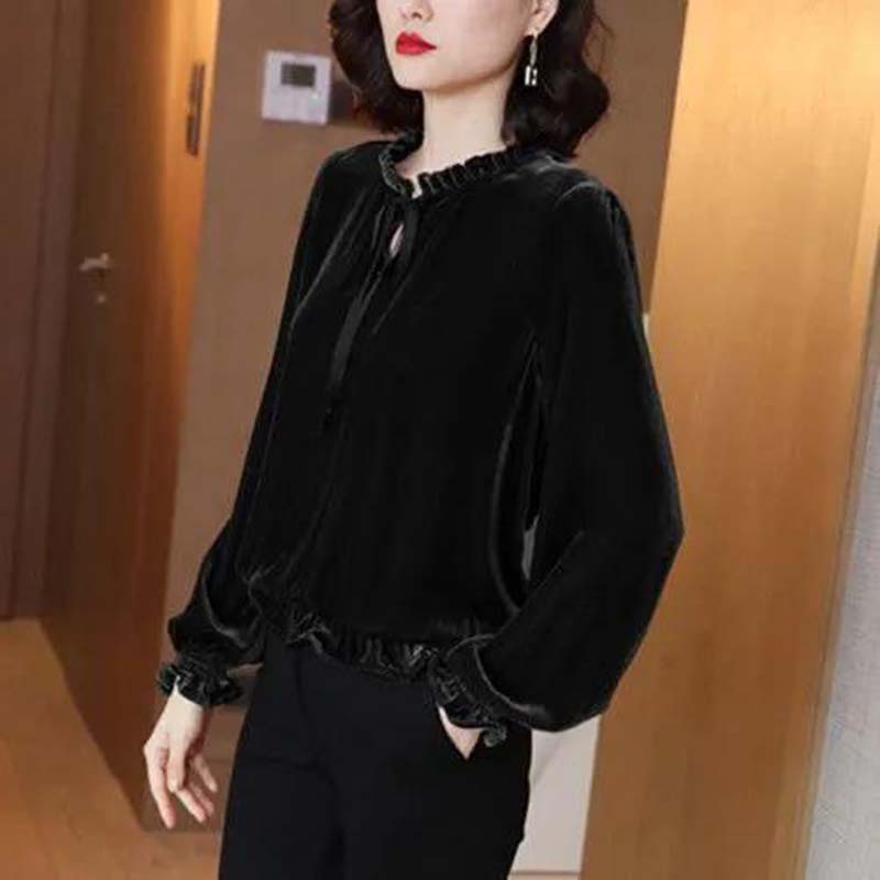 Long Sleeve Velvet Shirt Women's Spring and Autumn Loose Solid Color Bottoming Shirt Top