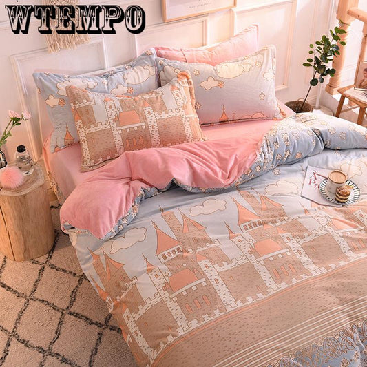 Cashmere Princess Style Orange Color Bed Sheet Fleece Winter Bedding Set 4pcs Double-sided Thickened Warmth Quilt Cover