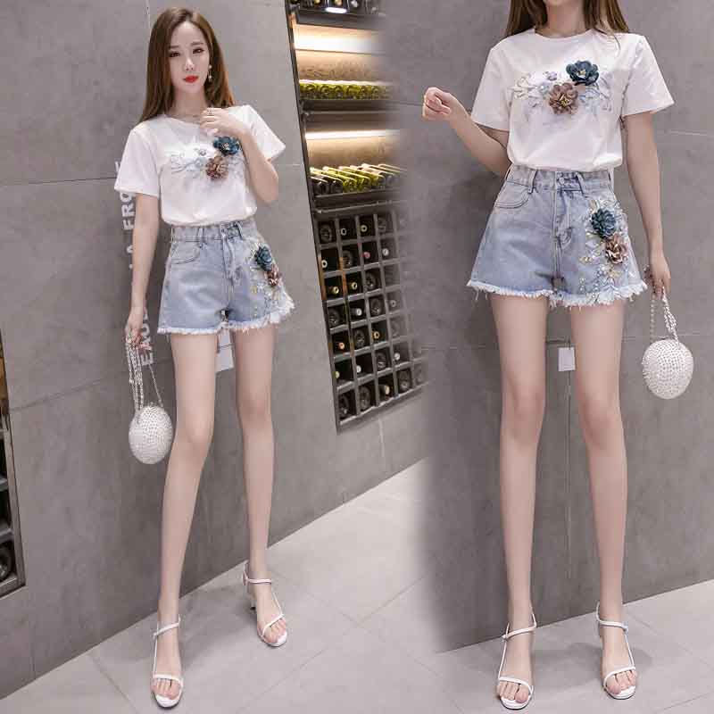 Embroidered Flower Three-dimensional Flower Sexy Denim Shorts Women's Spring and Summer Raw Edge Wide-leg Pants