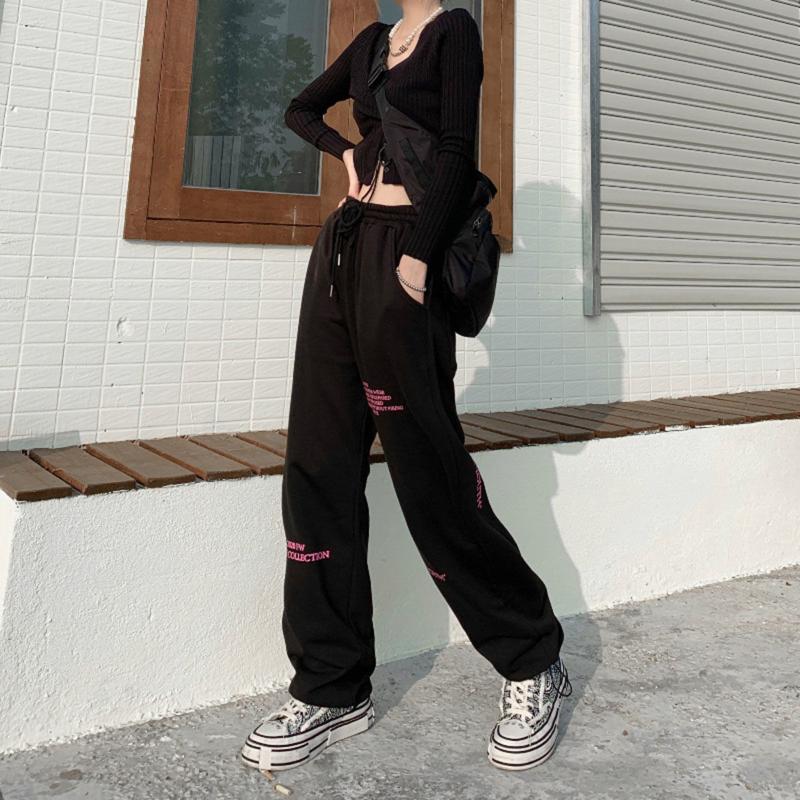Winter and Autumn Korean Style Drawstring Leggings Trousers Women Loose Straight Wide-leg Sports and Leisure Trousers