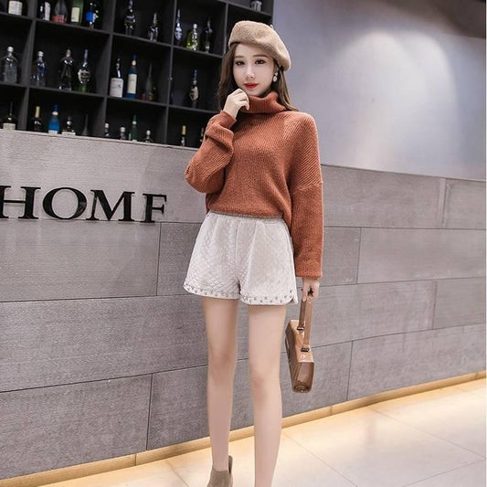 Woolen Shorts Women High Waist Slim Women's Shorts Thicken Warm Short Pants Vintage Shorts