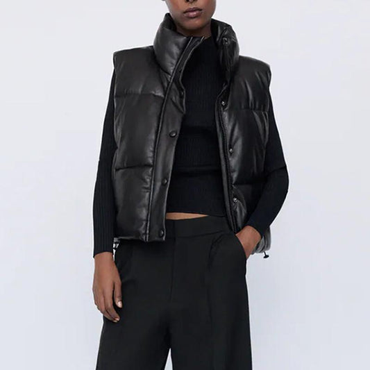 Black Stand Collar Vests Women Fashion Zipper PU Leather Coats Women Elegant Autumn Winter Short Vests Female Ladies IAC