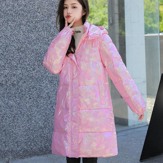 Women's Winter Korean Loose Quilted Coat Warm Stand-collar Down Jacket Women's Glossy Mid-length Down Jacket