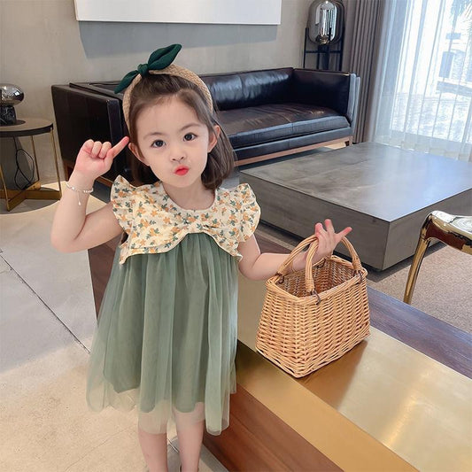 Children Dress Girls Summer Dress Korean Princess Dress Mesh Dress Sleeveless Loose Floral Bow Ruffle Dress