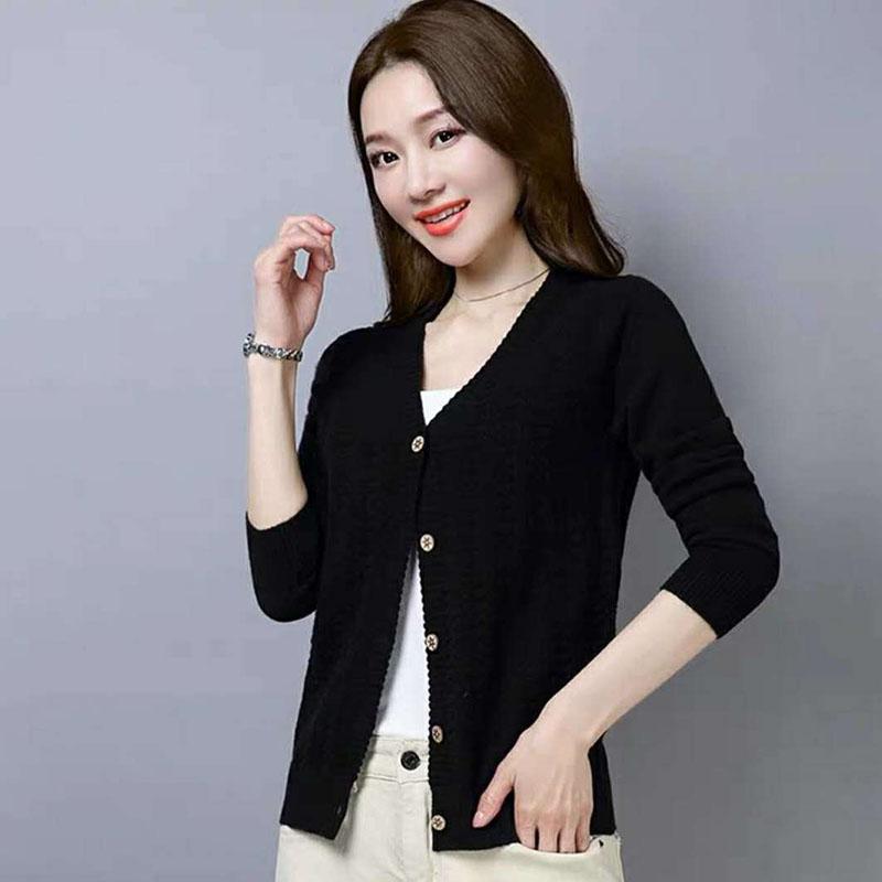 Spring and Autumn Thin Knit Sweater Cardigan Short V-neck Top Long Sleeve Outer Female Jacket