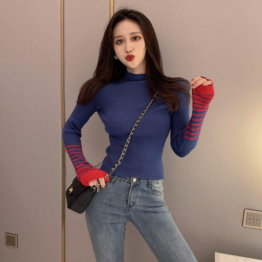 Pofulove Women's Retro Wild Style Slim Bottoming Sweater Long Sleeve Net Red Color Matching Sweater