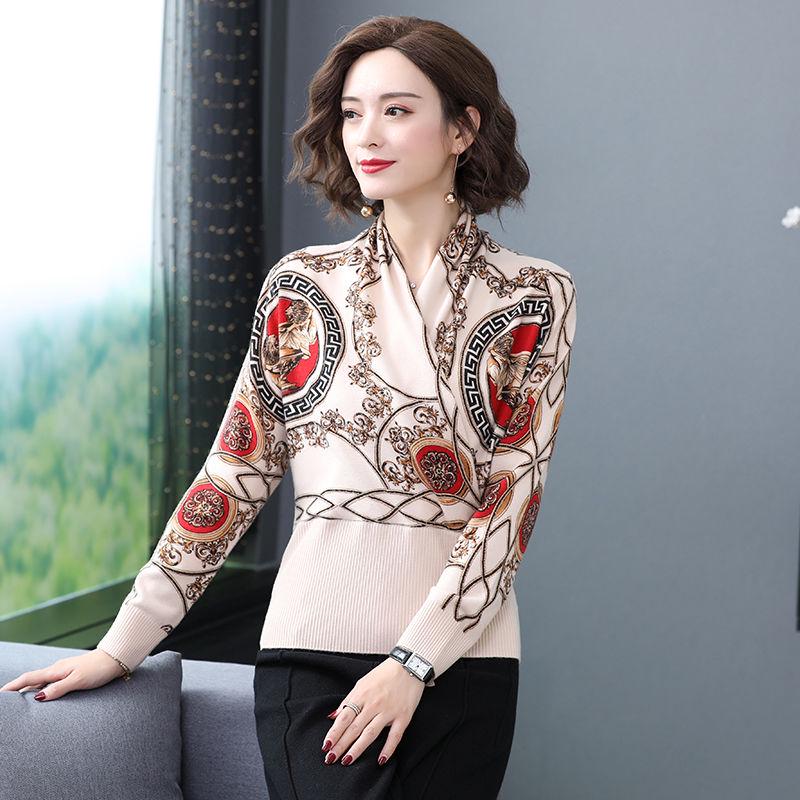 Women's vintage Printed Wool Sweater V-neck Large Size Pure Wool Knitted Sweater Bottoming Shirt Middle-aged Mother Wear