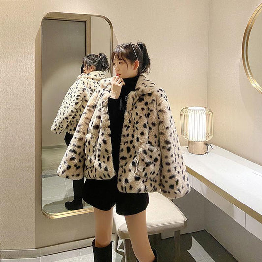Korean Loose Lamb Fleece Leopard Print Short Reversible Plush Thick Faux Fur Jacket Women Jacket Leopard Coat Outwears