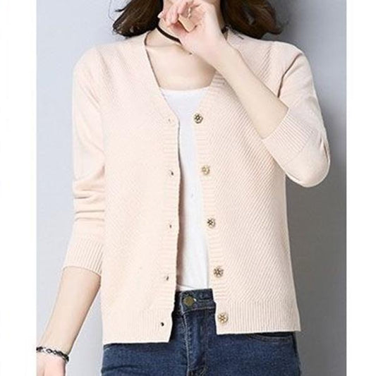 Spring and Autumn Knit Solid Color Cardigan Long Sleeve V-neck Sweater Short Solid Color Coat