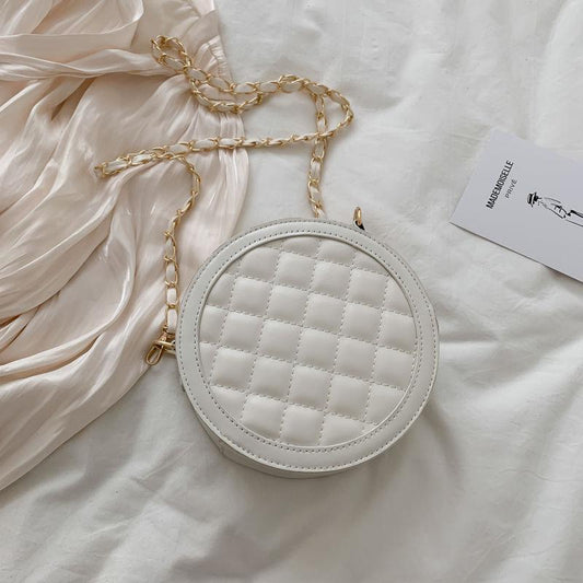 Diamond Lattice Round Bag Metal Chain Pu Leather Messenger Bag Women Outing Trip Large Capacity Crossbody Bags