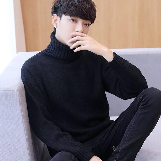 Men's Turtleneck Pullover Sweater Solid Color Long Sleeve Round Neck Jacket All-match Fashion Casual Coat