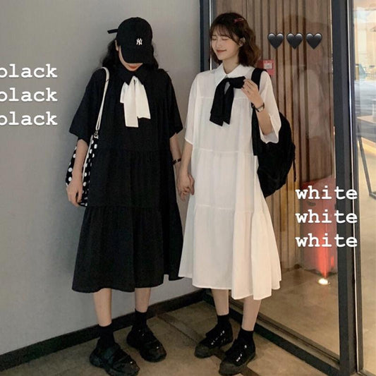 Cute Sweet Girl Bow Ruffle College Style Mid-length A-shaped Skirt Age Reduction Looser Short Sleeve Dress