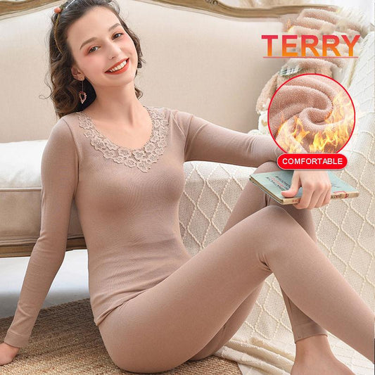 Thermal Underwear Women Thickened One Loop Fleece Heating Towel Fleece Heat Storage Body Tight Suit