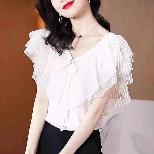 Summer Women's Loose Chiffon V-neck Short-sleeved Large Size Ruffled All-match Top