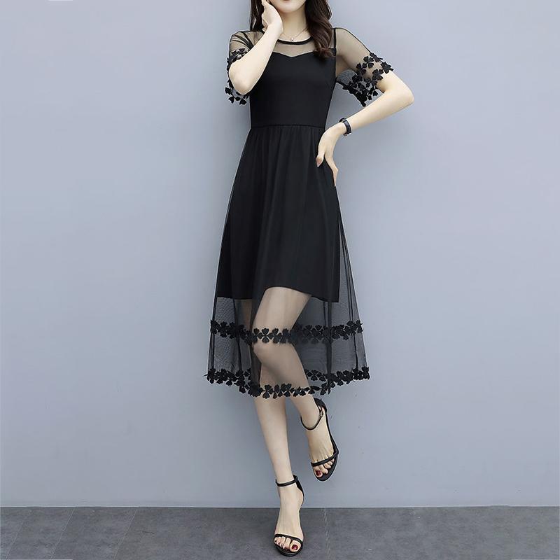 Large Size M-XXXXXL Summer Black Chiffon Stitching Laced Neckline Round Yarn Flower A-line Dress