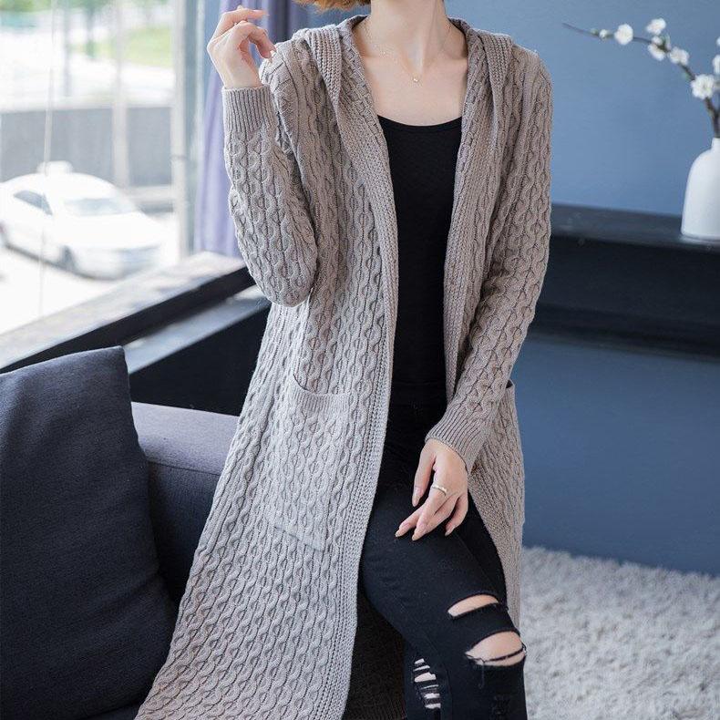Women's Long Casual Knitted Cardigan Coats Spring and Autumn Large Size Solid Color Loose Hooded Knitted Coats