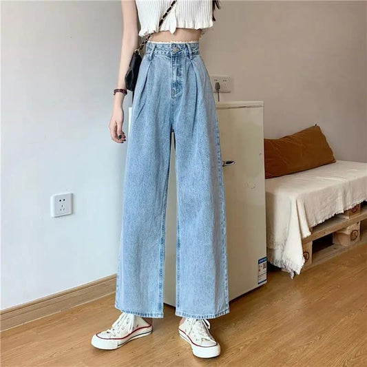 Spring and Autumn Jeans Women's Lace High Waist Thin Wide Leg Daddy Pants Straight Loose Mopping Pants High Waist Casual Pants