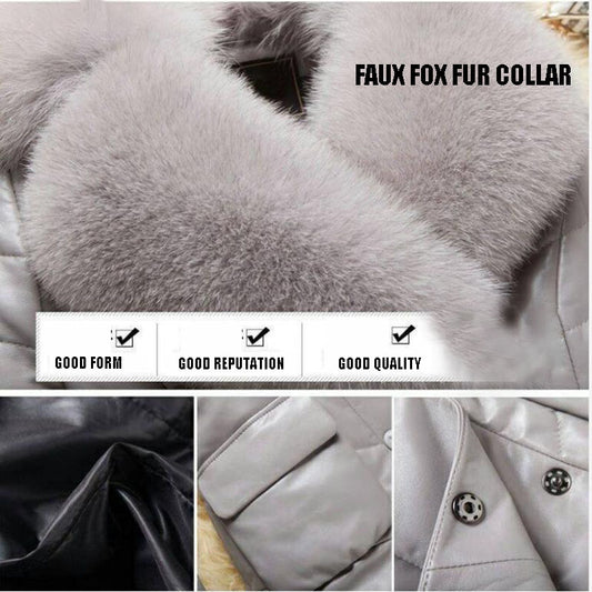 Winter Women's Leather Coat Mid-length Slim-fit Thicken Fur Coat with Detachable Faux Fox Fur Collar Plus Size Leather Trench Coat