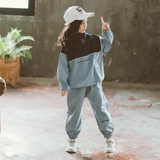 Girls' Spring and Autumn Dress Two-piece Casual Sports Splicing Contrast Color Design Loose Versatile Hooded Breathable Children's Two-piece Set