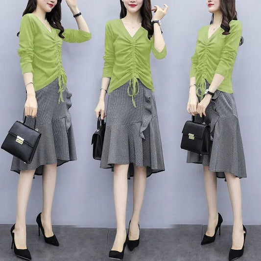 Large Size Women's Skirt Set V-neck Pleated Long-sleeved Top Irregular Ruffled Fishtail Skirt Two-piece Set Spring and Summer Casual Suit