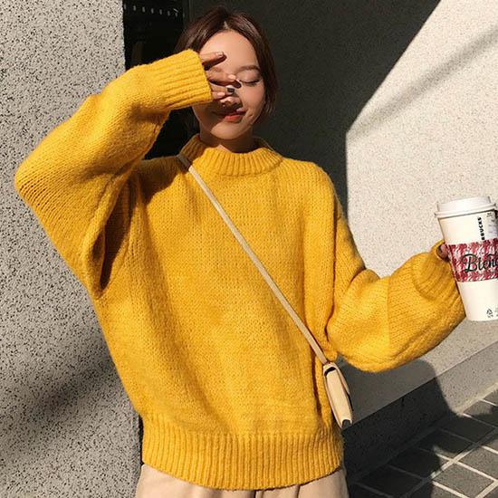 Girly ThickenLoos e Skin-friendly Sweater Loose Solid Color Crew Neck Bottoming KnitwearTop