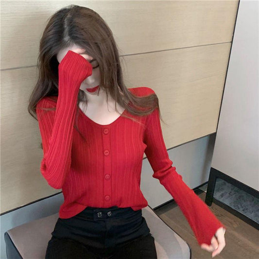 Early Autumn Women's Long-sleeved Knit Bottoming Shirt with A V-neck Short Body Sweater