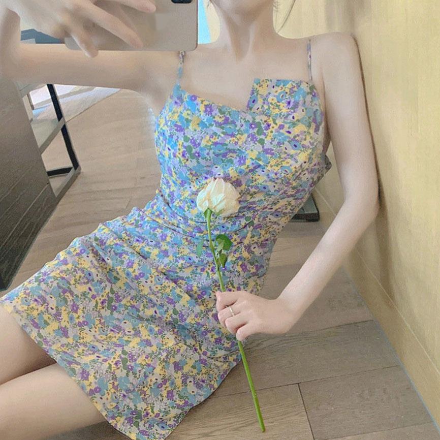 Women's Summer Simple Elegant Irregular Waist Thin Splicing Sweet Fresh Sling Party Floral Dress