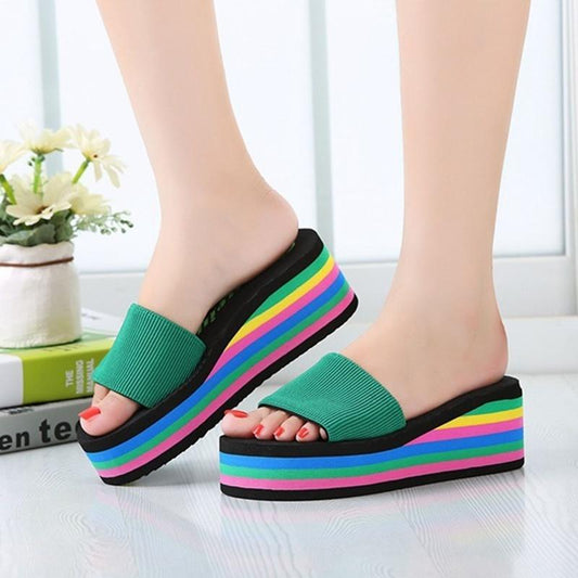 Women Sandals Platform Rainbow Non-Slip Thick Soled Wedge Slippers Summer Beach Slipper