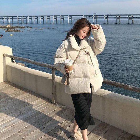 Winter Short Coat Lace-up Down Cotton Thickened Windproof Cold Warmth Loose INS Style Casual Solid Color Ladies Hooded Jacket