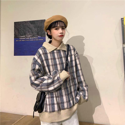 Autumn and Winter Warm Plaid Lapel Stitching Pullover Sweater Girl Loose Wild Woolen Coat