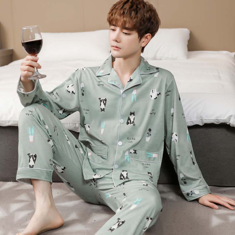 Men's Pajamas Spring and Autumn Pajamas Men's Cotton Long-sleeved Trousers Cardigan Young Middle-aged Home Clothing