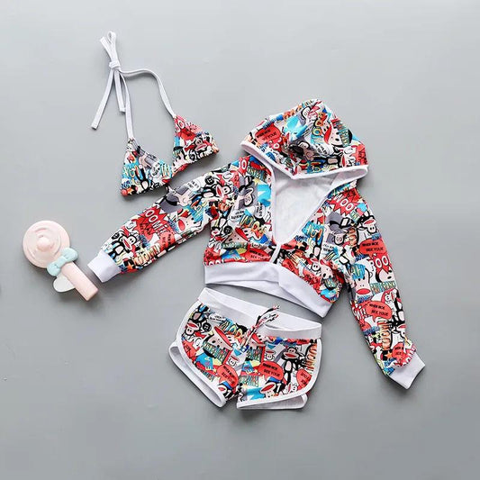 Children's Bikini Swimsuit Set Baby Girl Cartoon Print Separate Hooded Swimwear Long-sleeved Anti-UV Shorts Suspender Top Three-pieces Swimming Set