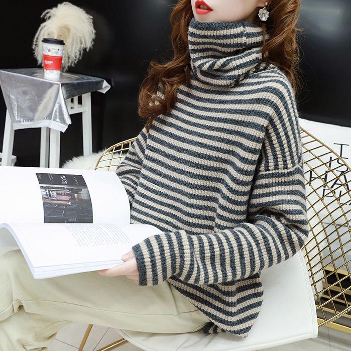 Pofulove pile collar sweater women's turtleneck loose lazy fashion long-sleeved striped sweater