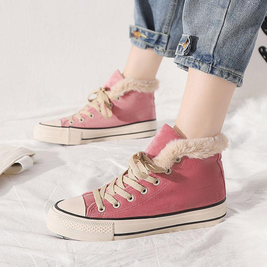 Winter Cotton Shoes Women Korean Version of Wool Shoes Warm and Velvet Thick High-top Canvas Shoes