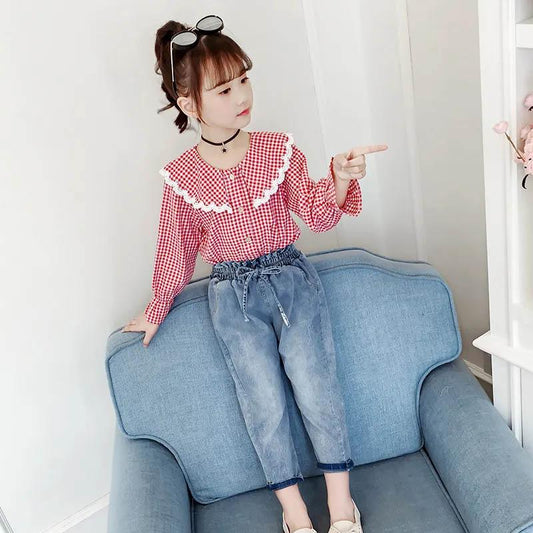 Girls Spring and Autumn Suits Thin Long Sleeves Casual Simple Natural Style Ruffle Decor Comfortable Two-Piece Set