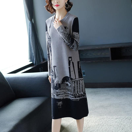 Autumn winter fashion long printed sweater dress long-sleeved pullover knitted dress female knitwear bottoming or outer wear