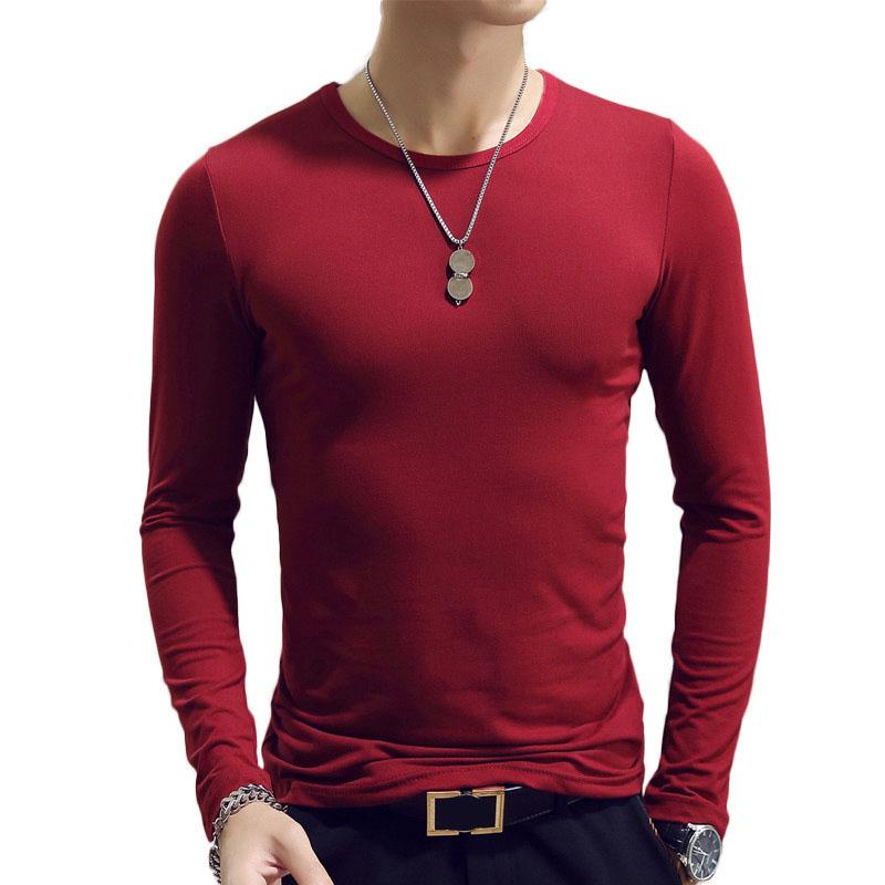 Stretch T-shirt Men Slim Tees Casual Bottoming Shirt Solid Color Pullover Long Sleeve Overshirt Male Clothing Fitness Top