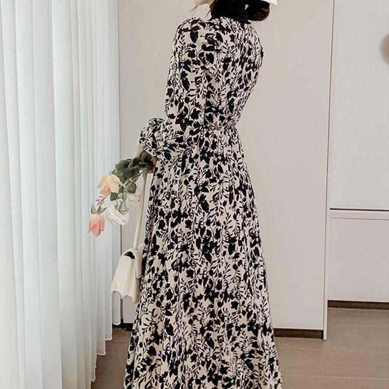 Women's Spring and Autumn Long Sleeve A-Line Print Floral Dresses Mid-Calf V-Neck High Waist Mid-length Skirt